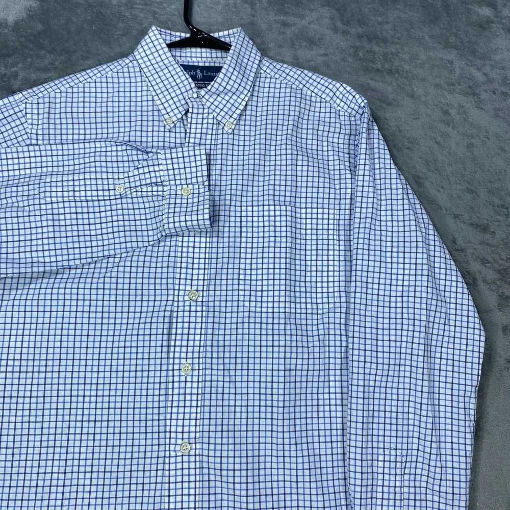 Ralph Lauren Button Down Shirt Mens Medium Classic Fit Blue Brown Plaid Preppy